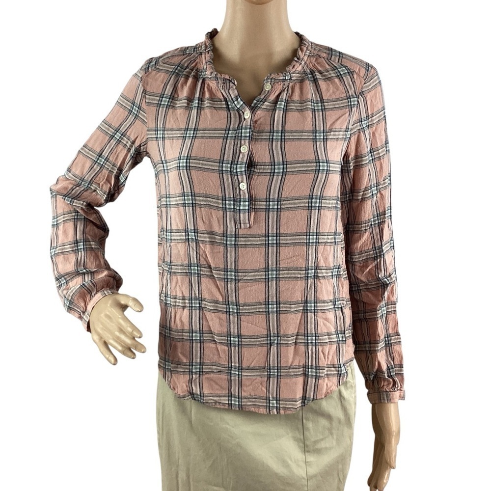 LOFT Pink Plaid Split Neck Blouse Long Sleeve Rayon XS